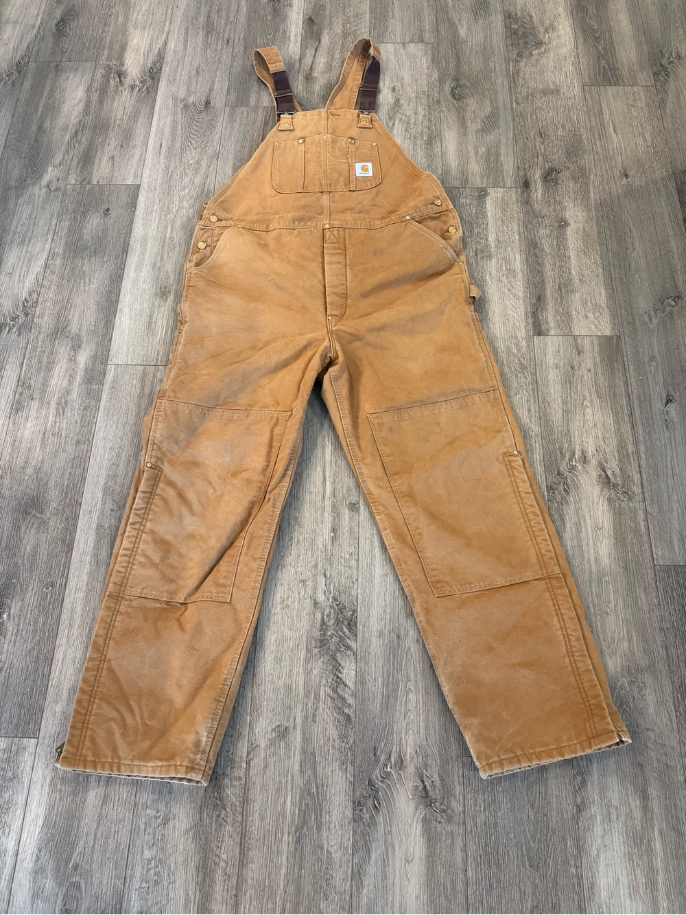 Vintage Carhartt Heavyweight Quilt Lined Brown Duck Double-Knee Bib Overalls